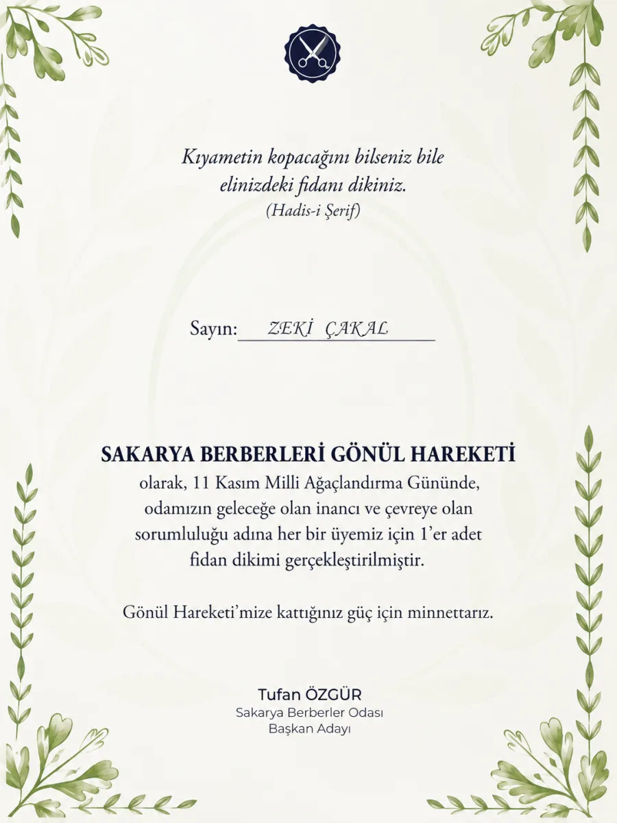 Sakarya Berberleri Gönül Hareketi teşekkür belgesi